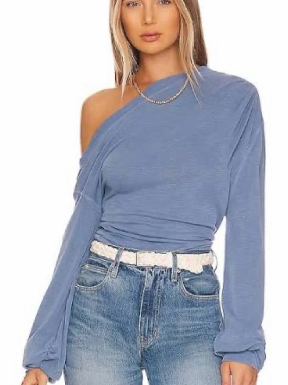 Free People Care All Day Tunic Size Large Blue Off Shoulder Slouchy Oversized